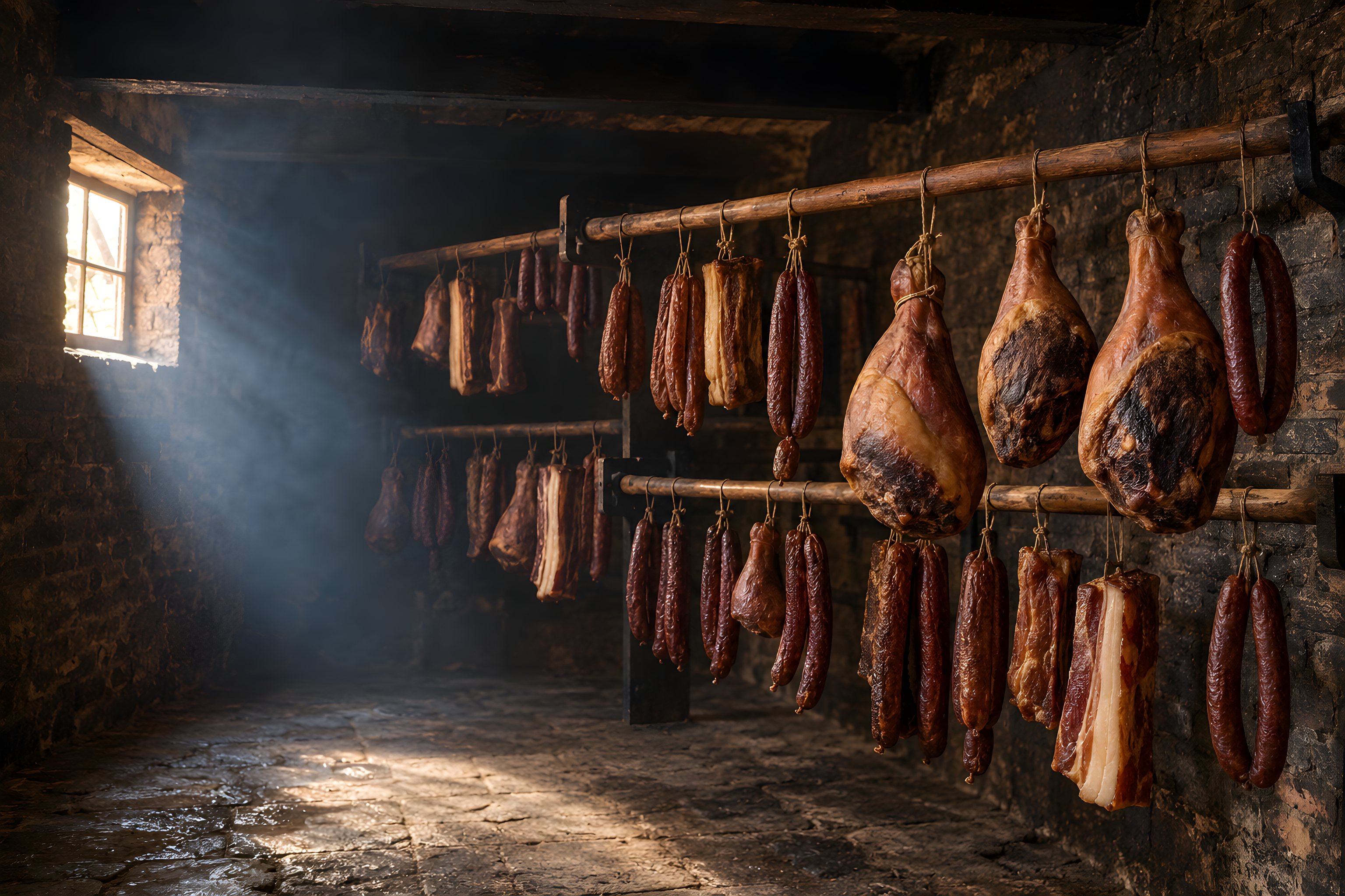 Räucherkammer mit Schinken, Speck und Würsten an Holzstangen, Licht fällt durch ein kleines Fenster in den Rauch