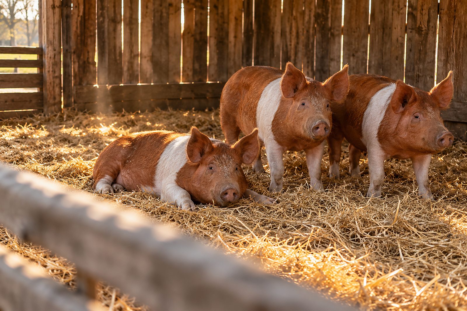 Drei rote Schweine mit weißem Gürtel im Stroh eines Holzstalls, Licht fällt durch die Bretterwand