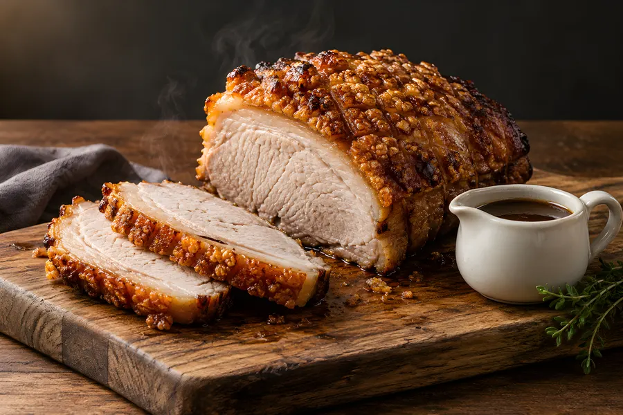 Schweinebraten mit knuspriger Kruste auf einem Holzbrett, zwei Scheiben angeschnitten, daneben ein Kännchen Soße
