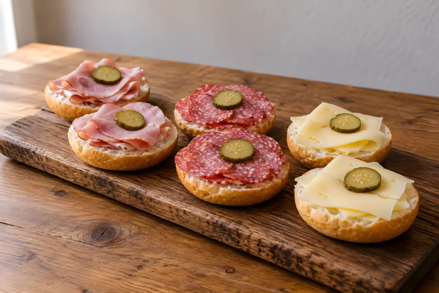Halbe Semmeln mit Schinken, Salami und Käse auf einem langen Holzbrett